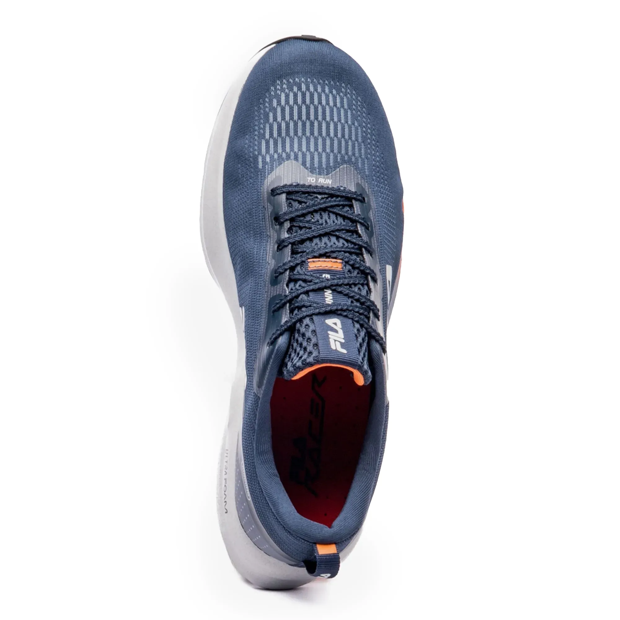 Detalhe interno do tênis FILA Racer Fastpace masculino azul marinho mostrando conforto e design